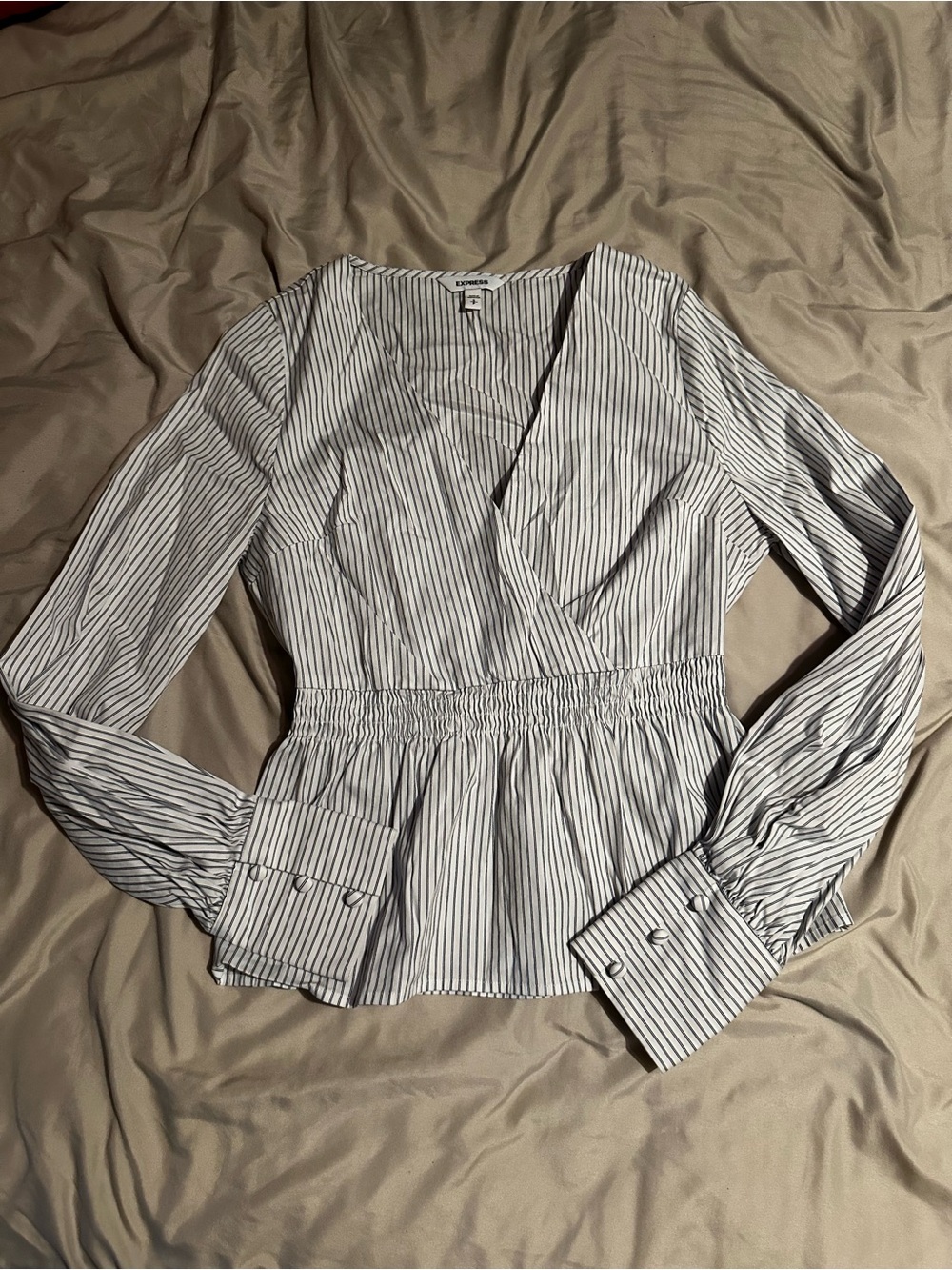 Express White and Black Striped Wrap Peplum Blouse